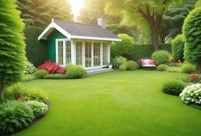 The primary subject of the image is a small green house with a white roof, surrounded by a lush green lawn. The setting is a garden with a variety of plants and flowers, creating a serene and peaceful atmosphere. The visual style of the image is a photo, capturing the beauty of the garden and the charming little house. The colors and mood of the image are predominantly green, with the vibrant green lawn and the lush greenery of the garden, creating a sense of tranquility