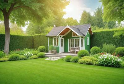 The primary subject of the image is a small green house, which is situated in a garden setting. The house is surrounded by a variety of plants, including flowers and bushes, creating a lush and vibrant atmosphere. The visual style of the image is a photo, capturing the details and colors of the garden and the house. The colors and mood of the image are predominantly green, with a sense of tranquility and natural beauty.