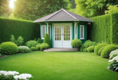 The primary subject of the image is a small green house with a green roof, surrounded by a lush green lawn. The house is situated in a garden setting, and it appears to be a cozy and inviting space. The visual style of the image is a photo, capturing the details of the house and the surrounding greenery. The colors and mood of the image are predominantly green, creating a serene and peaceful atmosphere.