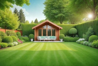 The primary subject of the image is a small wooden house with a green roof, surrounded by a lush green lawn. The house is situated in a garden setting, with a variety of potted plants and flowers scattered throughout the area. The visual style of the image is a digital art illustration, creating a serene and inviting atmosphere. The colors and mood of the image are predominantly green, with the grass, house, and plants all contributing to a sense of tranquility and natural beauty.