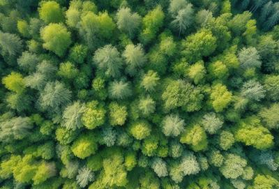 The primary subject of the image is a dense forest filled with green trees. The setting is a lush, green environment, and the visual style is a close-up of the trees, showcasing their vibrant colors and intricate patterns. The colors and mood of the image are predominantly green, creating a serene and natural atmosphere.