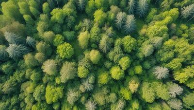 The primary subject of the image is a dense forest filled with trees. The setting is a lush green environment, with the trees being the main focus of the scene. The visual style is a close-up of the forest, showcasing the intricate details of the trees. The colors and mood of the image are predominantly green, creating a serene and natural atmosphere.