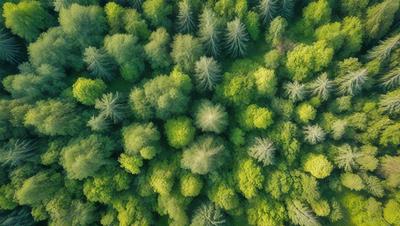 The primary subject of the image is a dense forest filled with green trees. The setting is a lush, green environment, and the visual style is a photo of the forest. The colors and mood of the image are predominantly green, creating a serene and natural atmosphere.