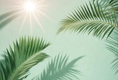 The primary subject of the image is a close-up of a palm tree with its leaves. The setting is a green background, which creates a natural and serene atmosphere. The visual style is a photo, capturing the details of the palm tree leaves. The colors are predominantly green, which is associated with nature and tranquility.