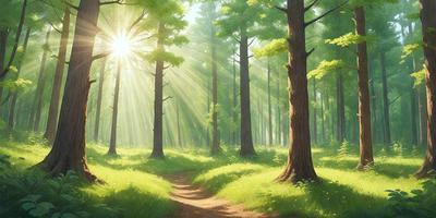 The primary subject of the image is a sunlit forest with a dirt path. The setting is a lush green forest with trees and grass. The visual style is a digital art illustration, creating a vibrant and natural atmosphere. The colors and mood are predominantly green, with the sunlight creating a warm and inviting ambiance.