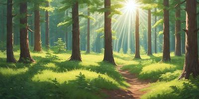 The primary subject of the image is a forest with a path leading through it. The setting is a lush green forest with trees and grass. The visual style is a digital art illustration, creating a vibrant and natural atmosphere. The colors and mood are predominantly green, with a sense of tranquility and serenity.