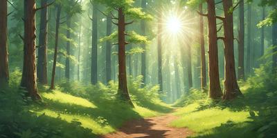 The primary subject of the image is a pathway through a forest. The setting is a lush green forest with trees and sunlight shining through. The visual style is a digital art or illustration, creating a vibrant and natural atmosphere. The colors and mood are predominantly green, with the sunlight adding warmth and brightness to the scene.