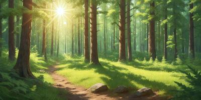 The primary subject of the image is a forest with a path leading through it. The setting is a lush green forest with trees and grass. The visual style is a digital art or illustration, creating a vibrant and natural atmosphere. The colors and mood are predominantly green, with a sense of tranquility and serenity.