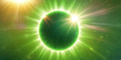The primary subject of the image is a green sun, which is the main focus of the scene. The sun is surrounded by bright green light, giving it a vibrant and lively appearance. The setting is a dark background, which contrasts with the bright green sun, creating a striking visual effect. The visual style of the image is a combination of photo and digital art, as it captures the vivid colors and lighting of the sun. The overall atmosphere of the image is energetic and captivating, with the green