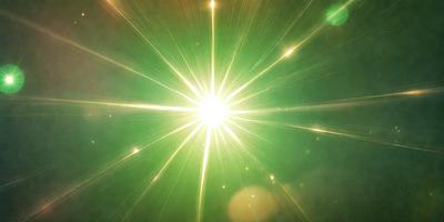 The primary subject of the image is a bright green light, which appears to be a sun or a light source. The setting is a dark background, which contrasts with the bright green light. The visual style of the image is a close-up of the light source, emphasizing its brightness and intensity. The colors and mood of the image are predominantly green, creating a sense of energy and vibrancy.