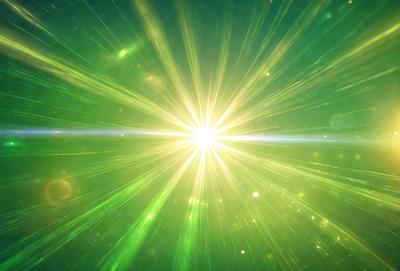 The primary subject of the image is a bright green light, which appears to be a sun or a light source. The setting is a dark background, which contrasts with the bright green light. The visual style of the image is a close-up of the green light, showcasing its vibrant color and intensity. The colors and mood of the image are predominantly green, creating a sense of energy and vitality.