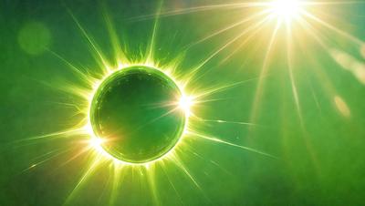 The primary subject of the image is a green sun, which is the main focus of the scene. The sun is surrounded by bright green light, creating a vibrant and lively atmosphere. The setting is a dark background, which contrasts with the bright green sun, making it stand out even more. The visual style of the image is a combination of photo and digital art, creating a unique and eye-catching representation of the sun. The colors and mood of the image are predominantly green, with the sun being the main