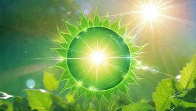 The primary subject of the image is a green sunflower with a bright yellow center. The sunflower is surrounded by a lush green forest, creating a serene and natural setting. The visual style of the image is a combination of photo and digital art, giving it a unique and vibrant appearance. The dominant colors in the image are green and yellow, creating a warm and inviting atmosphere.