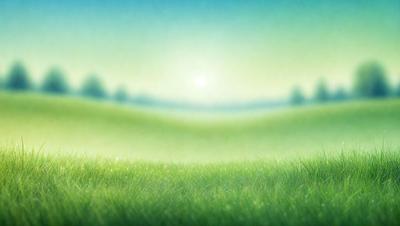 The primary subject of the image is a lush green field with a bright sun shining in the background. The setting is a serene, natural environment, and the visual style is a combination of photo and digital art. The colors are predominantly green, with the sunlight adding a warm, inviting atmosphere.