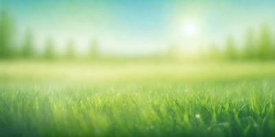 The primary subject of the image is a lush green field with a bright sun shining in the background. The setting is a serene, natural environment with a clear blue sky. The visual style is a combination of photo and digital art, creating a vibrant and realistic scene. The colors and mood are predominantly green, with a hint of blue from the sky, and the overall atmosphere is calm and peaceful.