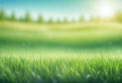 The primary subject of the image is a lush green field with trees in the background. The setting is a sunny day, and the visual style is a photo. The colors and mood of the image are bright and cheerful, with the green grass and trees creating a serene and peaceful atmosphere.