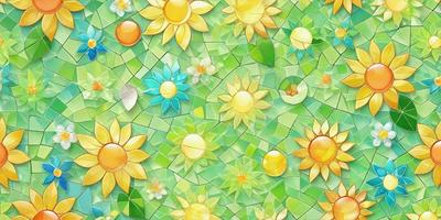 The primary subject of the image is a close-up of a flower, which is part of a larger pattern of flowers. The setting is a green background, and the visual style is a combination of digital art and illustration. The dominant colors are yellow and green, creating a warm and lively atmosphere.