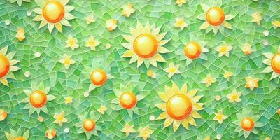 The primary subject of the image is a close-up of a yellow sunflower. The setting is a green background, which adds a natural and vibrant touch to the scene. The visual style is a combination of digital art and illustration, creating a unique and eye-catching design. The dominant colors are yellow and green, giving the image a warm and cheerful atmosphere.