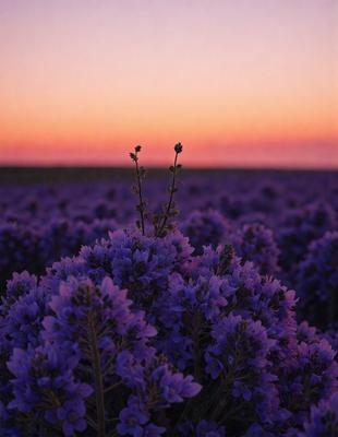 The primary subject of the image is a purple flower, which is the main object, scene, or focus of the image. The setting is a field with a purple flower in the foreground, and the visual style is a photo. The dominant colors and overall atmosphere of the image are purple and serene.
