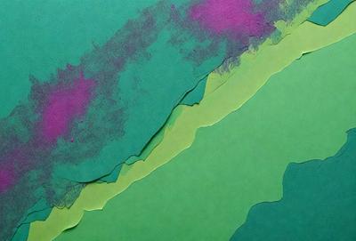 The primary subject of the image is a green and purple paper cutout of a mountain. The setting is a green background, and the visual style appears to be a combination of digital art and illustration. The colors and mood of the image are vibrant and lively, with the green and purple colors creating a sense of freshness and energy.