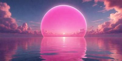The primary subject of the image is a pink, glowing, circular object, which appears to be a sunset or a sunrise. The setting is a body of water, with the sun either rising or setting over the water. The visual style of the image is a digital art or illustration, creating a surreal and dreamy atmosphere. The dominant colors are pink and blue, with the pink object and the blue sky creating a serene and calming mood.