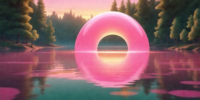 The primary subject of the image is a large, pink, round object floating on top of a body of water. The setting is a serene lake, with trees in the background. The visual style is a combination of photo and digital art, creating a surreal and dreamy atmosphere. The dominant colors are pink and blue, with the pink object being the focal point of the scene.