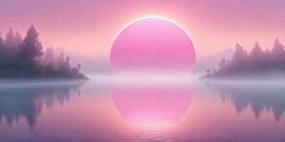 The primary subject of the image is a large, pink sun rising over a body of water. The setting is a serene, foggy landscape with a few trees in the background. The visual style is a combination of photo and digital art, creating a surreal and dreamy atmosphere. The dominant colors are pink and purple, which contribute to the overall mood of the scene.