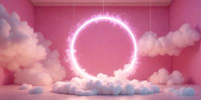The primary subject of the image is a large, pink circle with a glowing ring around it. The circle is located in the center of the image, and it appears to be floating in the air. The setting is a pink wall, which serves as the background for the scene. The visual style of the image is a combination of photo and digital art, creating a unique and eye-catching effect. The colors and mood of the image are predominantly pink, giving it a warm and inviting atmosphere.