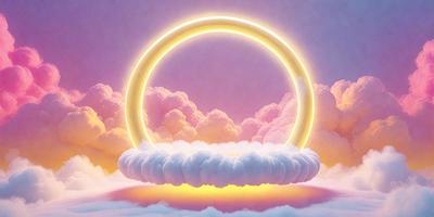 The primary subject of the image is a large, colorful cloud with a rainbow-colored halo. The cloud is floating in a purple sky, which serves as the setting for the scene. The visual style of the image is digital art, as it appears to be a computer-generated or digitally manipulated image. The dominant colors in the image are purple, pink, and yellow, creating a warm and inviting atmosphere.