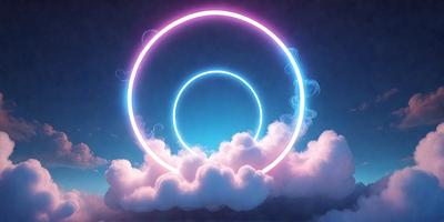 The primary subject of the image is a large, pink, glowing circle in the sky. The setting is a cloudy night sky, with the circle appearing to be floating above the clouds. The visual style is a combination of a photo and digital art, creating a unique and captivating scene. The colors and mood of the image are predominantly pink and purple, giving it a dreamy and surreal atmosphere.