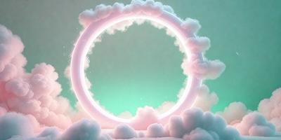 The primary subject of the image is a large, pink, glowing circle with a green background. The circle appears to be a part of a larger, cloud-like structure. The visual style of the image is digital art, as it is a computer-generated or digitally manipulated image. The colors and mood of the image are vibrant and lively, with the pink and green hues creating a sense of warmth and energy.