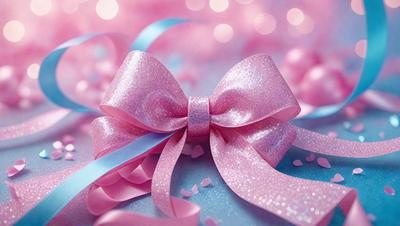 The primary subject of the image is a pink bow with a blue ribbon. The setting is a pink background, which adds to the overall mood of the image. The visual style is a combination of photo and digital art, creating a unique and eye-catching design. The colors and mood of the image are predominantly pink and light-hearted, making it a cheerful and delightful scene.