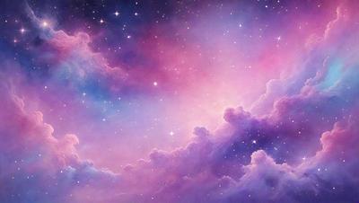 The primary subject of the image is a purple and blue cloudy sky filled with stars. The setting is a nighttime scene with a backdrop of a cloudy sky. The visual style is a digital art or illustration, creating a vibrant and colorful atmosphere. The dominant colors are purple and blue, with the stars adding a touch of white. The overall mood is serene and peaceful, as the viewer gazes upon the beautiful night sky filled with stars.