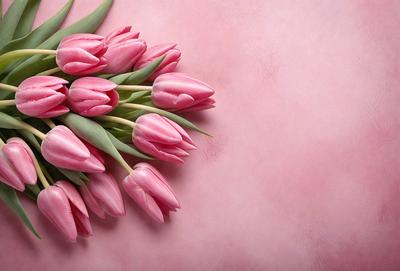 The primary subject of the image is a bouquet of pink tulips. The setting is a pink background, which creates a visually appealing contrast with the vibrant color of the tulips. The visual style of the image is a close-up of the flowers, showcasing their details and beauty. The colors and mood of the image are predominantly pink, creating a warm and inviting atmosphere.