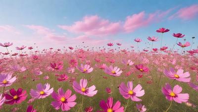 The primary subject of the image is a field of pink flowers, with a variety of different types of flowers scattered throughout the scene. The setting is a grassy field, and the visual style appears to be a photo of the flowers in their natural environment. The colors and mood of the image are predominantly pink, creating a serene and peaceful atmosphere.