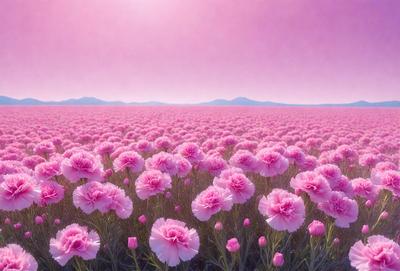 The primary subject of the image is a field of pink flowers. The setting is a vast, open field with a pink sky in the background. The visual style is a digital art or illustration, creating a vibrant and lively atmosphere. The dominant colors are pink and purple, giving the scene a warm and inviting mood.