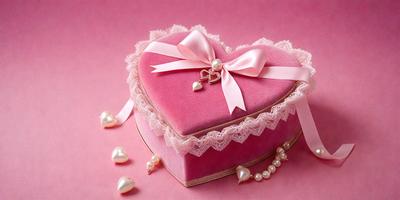 The primary subject of the image is a pink heart-shaped box with a bow on top. The setting is a pink background, and the visual style is a close-up of the heart-shaped box. The colors and mood of the image are predominantly pink, creating a warm and romantic atmosphere.