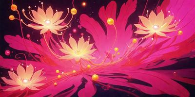 The primary subject of the image is a pink flower with yellow pollen. The setting is a pink background, which adds to the overall visual style. The image is a digital art illustration, showcasing the flower's beauty and vibrant colors. The mood of the image is lively and cheerful, as the flower stands out against the pink background.