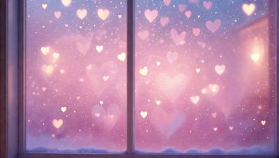 The primary subject of the image is a window with a pink heart pattern on it. The setting is a room with a pink heart-shaped window, and the visual style is a digital art or illustration. The colors and mood of the image are predominantly pink, creating a warm and cozy atmosphere.