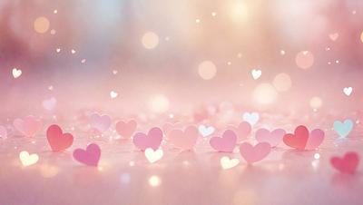 The primary subject of the image is a collection of pink hearts scattered on a surface. The hearts are arranged in various positions, creating a visually appealing and playful scene. The setting appears to be a pink background, which adds to the overall mood and visual style of the image. The colors and mood of the image are predominantly pink, creating a warm and inviting atmosphere.