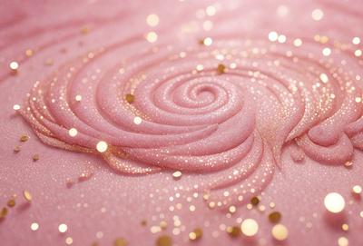 The primary subject of the image is a close-up of a pink surface with gold glitter sprinkled on it. The setting appears to be a pink background, and the visual style is a combination of a photo and digital art. The colors and mood of the image are predominantly pink and gold, creating a warm and inviting atmosphere.