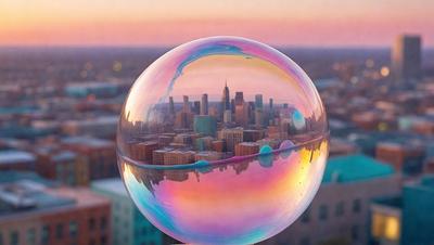 The primary subject of the image is a large, round glass ball that is reflecting the city skyline. The setting is a cityscape with tall buildings, and the visual style is a combination of a photo and a digital art. The colors and mood of the image are vibrant and lively, with the glass ball adding a unique and artistic touch to the urban landscape.