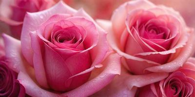 The primary subject of the image is a close-up of two pink roses. The setting is a pink background, which adds to the overall mood of the image. The visual style is a photo, capturing the beauty of the roses in detail. The colors and mood of the image are predominantly pink, creating a warm and romantic atmosphere.