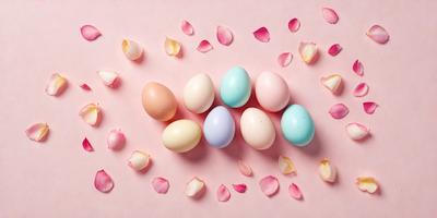 The primary subject of the image is a group of six colorful eggs, which are arranged on a pink surface. The eggs are of various colors, including blue, pink, and yellow. The setting appears to be a still life, with the eggs being the main focus of the image. The visual style is a close-up of the eggs, showcasing their vibrant colors and textures. The overall atmosphere of the image is cheerful and inviting, with the pink background adding a touch of warmth and soft