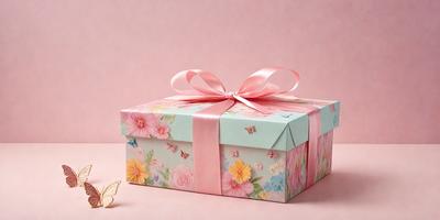 The primary subject of the image is a pink and white box with a bow on top. The box is decorated with a floral pattern and features a butterfly design. The setting is a pink background, which complements the colors of the box. The visual style is a combination of photo and digital art, creating a realistic yet artistic representation of the box. The colors and mood of the image are predominantly pink and white, giving it a warm and inviting atmosphere.