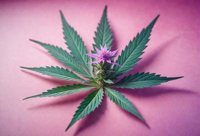 The primary subject of the image is a marijuana plant with a purple flower on it. The plant is placed on a pink surface, which serves as the background. The visual style of the image is a close-up of the plant, showcasing its details. The colors in the image are predominantly pink, which gives the scene a warm and inviting atmosphere.