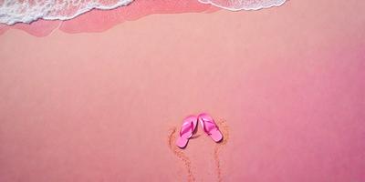 The primary subject of the image is a pair of pink flip flops. They are placed on a pink surface, which could be a beach or a pink background. The visual style of the image is a combination of photo and digital art, creating a unique and eye-catching scene. The colors and mood of the image are predominantly pink, giving it a warm and inviting atmosphere.