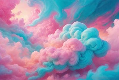 The primary subject of the image is a large, colorful cloud. The cloud is pink and blue, with a swirling pattern that gives it a dynamic and vibrant appearance. The setting is a sky filled with clouds, creating a backdrop for the main subject. The visual style of the image is a painting, which adds to the artistic and creative atmosphere. The dominant colors and overall mood of the image are bright, cheerful, and lively.