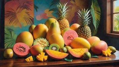 The primary subject of the image is a table filled with a variety of fruits, including pineapples, oranges, and other tropical fruits. The setting is a colorful and vibrant tropical scene, with a backdrop of a painting featuring palm trees. The visual style is a painting, which adds a sense of artistic expression and creativity to the image. The colors and mood are lively and cheerful, with the bright colors of the fruits and the tropical setting creating a warm and inviting atmosphere