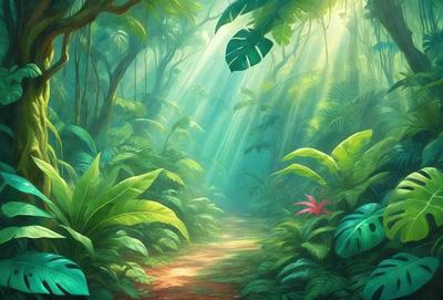 The image is a digital art illustration of a forest path surrounded by lush green plants and trees. The primary subject is a path that leads through the forest, with a sunlight shining through the trees, creating a serene and peaceful atmosphere. The setting is a dense forest with a variety of plants and trees, giving the impression of a tropical rainforest. The visual style is a combination of realistic elements and digital art techniques, resulting in a vibrant and detailed scene. The colors and mood are predominantly